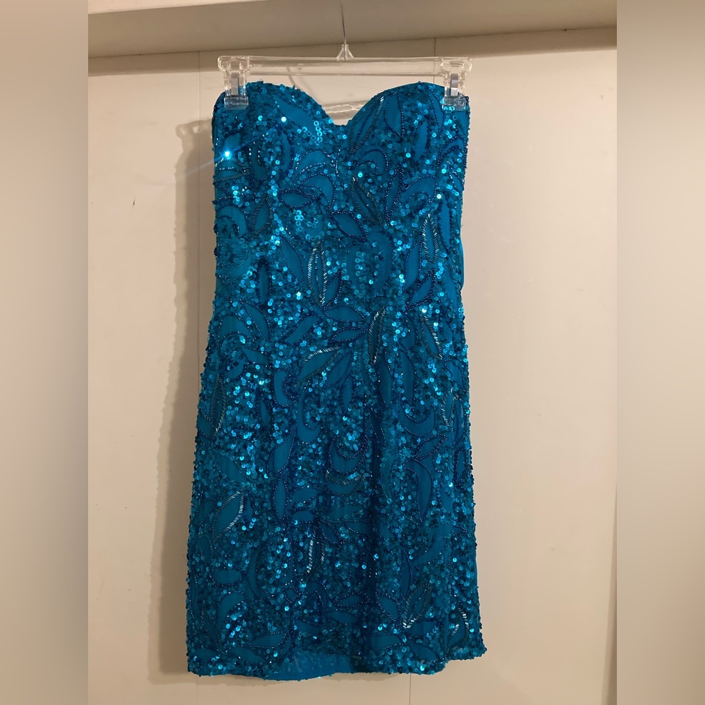 beautiful one of a kind blue sequin strapless scala dress
